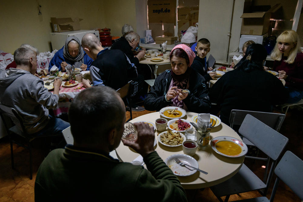 <strong>April 16:</strong> People displaced by the war in Ukraine eat lunch at a former maternity hospital converted into shelter for internally displaced people, in Dnipro, in eastern Ukraine. The elderly are 
