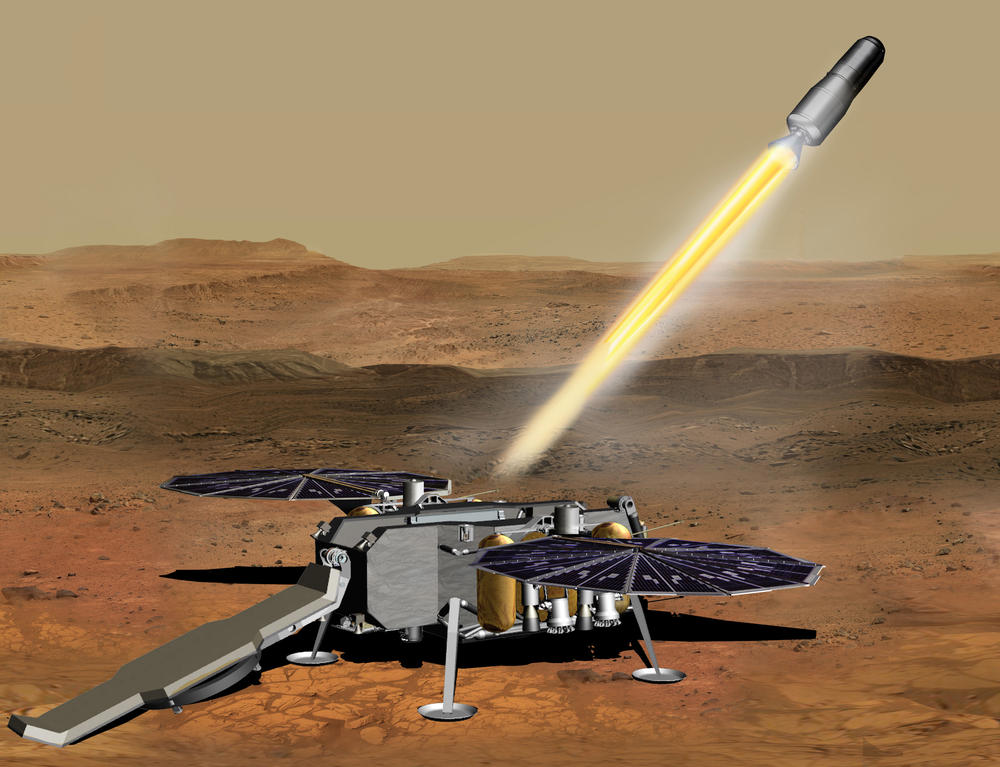 NASA wants to bring home pristine Martian rock samples that a rover has gathered; this artist's conception shows one plan for getting them off the red planet.