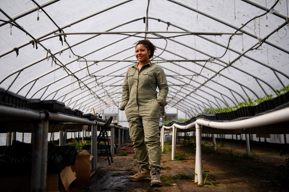 Amirah Mitchell, founder of Sistah Seeds, stands in the greenhouse at the incubator farm where she runs her Black heirloom seed business in Emmaus, Pa.