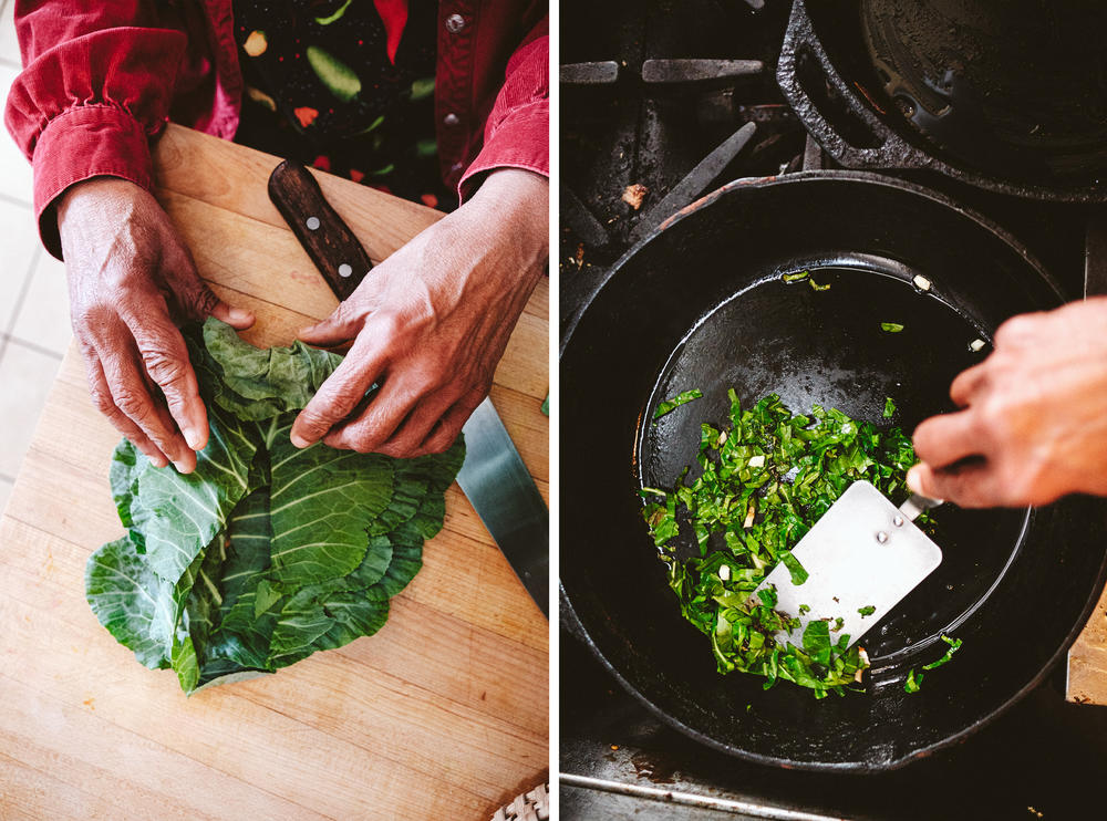 Wallace chops and cooks some collard greens.