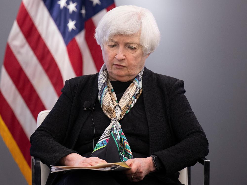 Treasury Secretary Janet Yellen pauses while speaking at the Atlantic Council in Washington, D.C., on April 13. Yellen and other finance ministers walked out of a G20 session on Wednesday as Russian officials were speaking.
