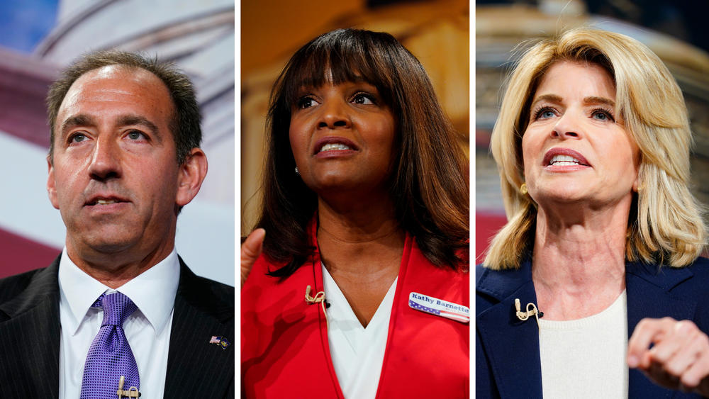 From left: Jeff Bartos, Kathy Barnette and Carla Sands take part in a forum for Pennsylvania Republican U.S. Senate candidates on April 2.