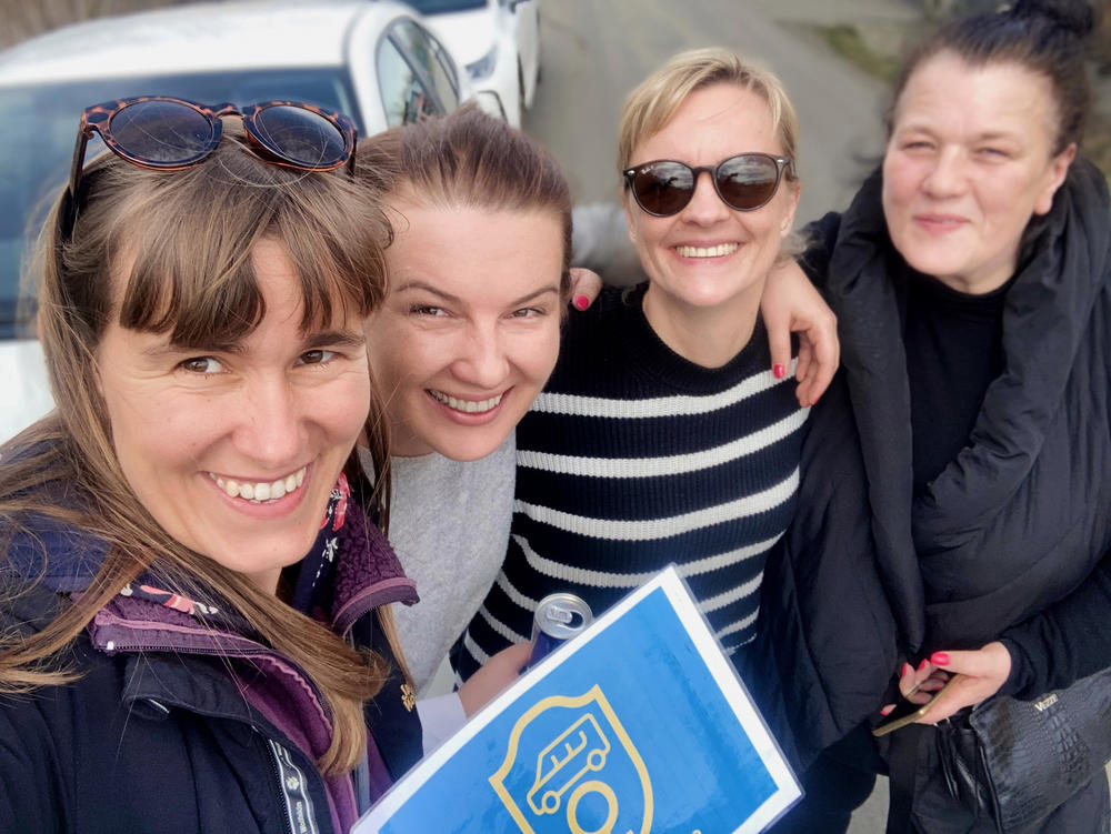 Members of the Polish carpooling group Kobiety za Kolko (Women Take the Wheel), from left: Monika Pietrzak, Ella Jarmulska, Anna Time and Anna Marianowicz Kurek. The drivers, all women, offer rides to Ukrainian women and children on the Polish border after fleeing war.