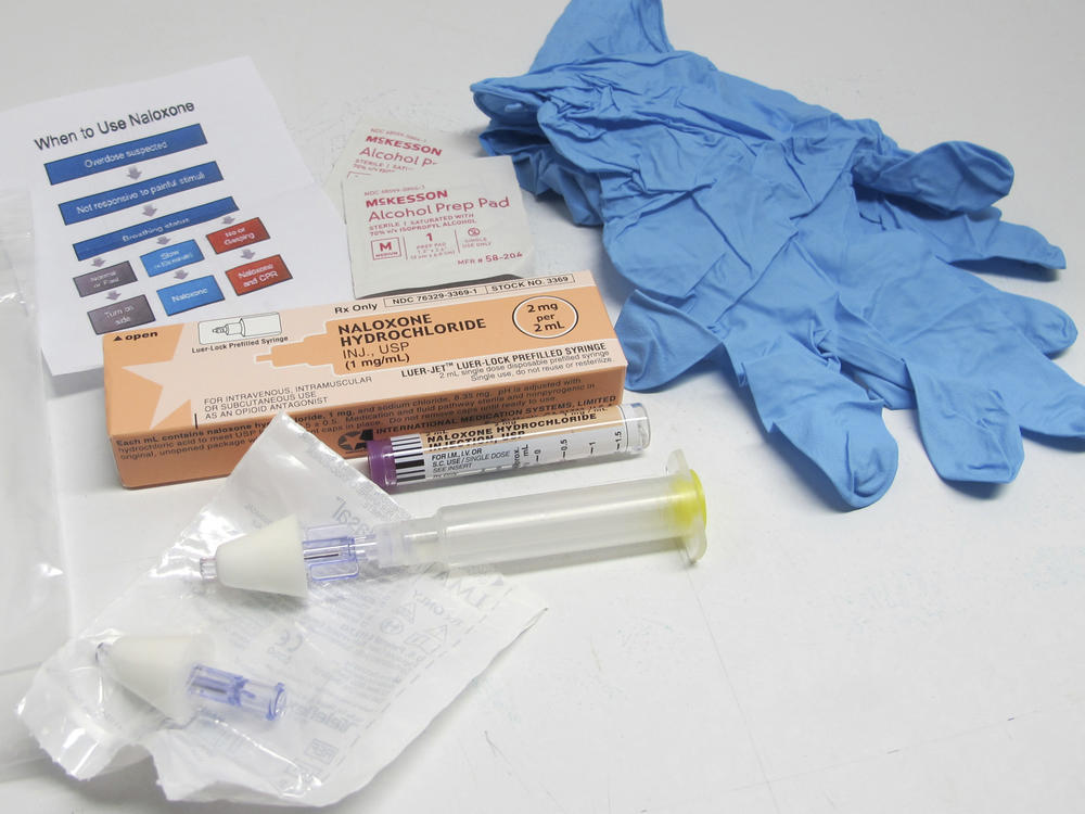 A drug overdose rescue kit is pictured in Buffalo, N.Y. The Biden administration plans to increase access to clean needles, fentanyl test strips and naloxone to combat drug overdose deaths.
