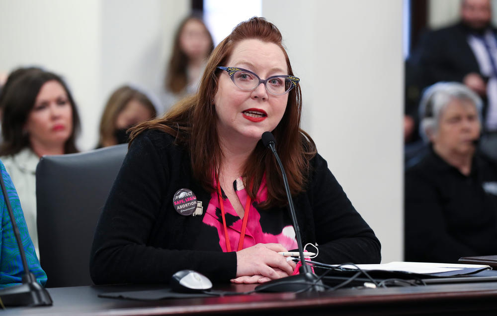 Tamarra Wieder testifies during a hearing on a bill that would ban abortion after 15 weeks at the Capitol Annex in Frankfort, Kentucky, on March 10, 2022.