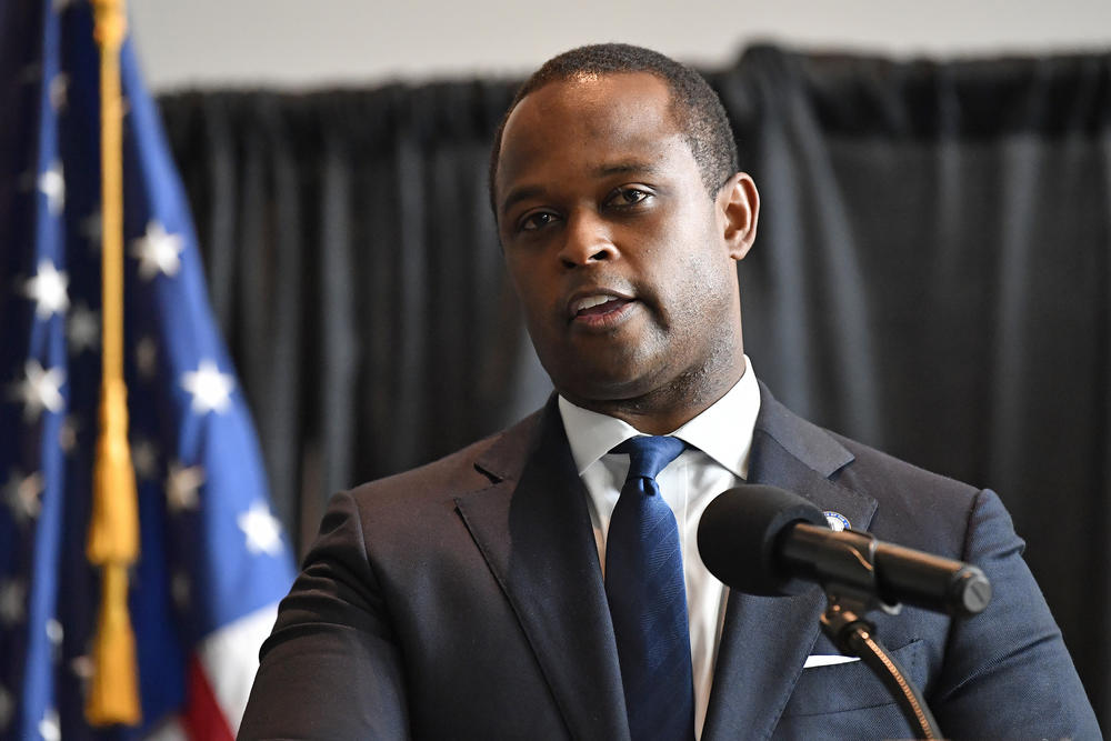 Kentucky Attorney General Daniel Cameron speaks during a news conference in Frankfort, Ky.