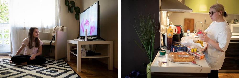 Left: Julija Nykolyn watches TV at their apartment in Sofia, Bulgaria, on Friday. Right: Natasha Nykolyn takes out groceries at their apartment in Sofia, Bulgaria, on Friday.