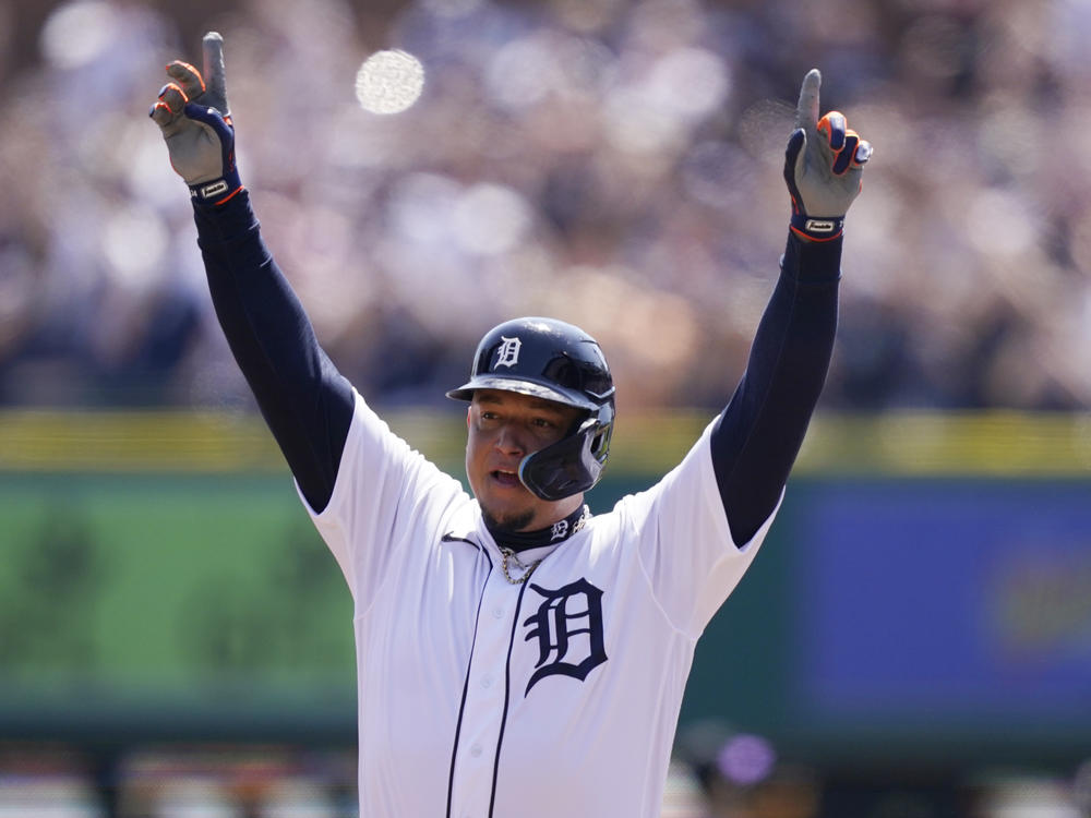 Detroit Tigers designated hitter Miguel Cabrera reacts after his 3,000th career hit during the first inning of the first baseball game of a doubleheader against the Colorado Rockies, on Saturday.