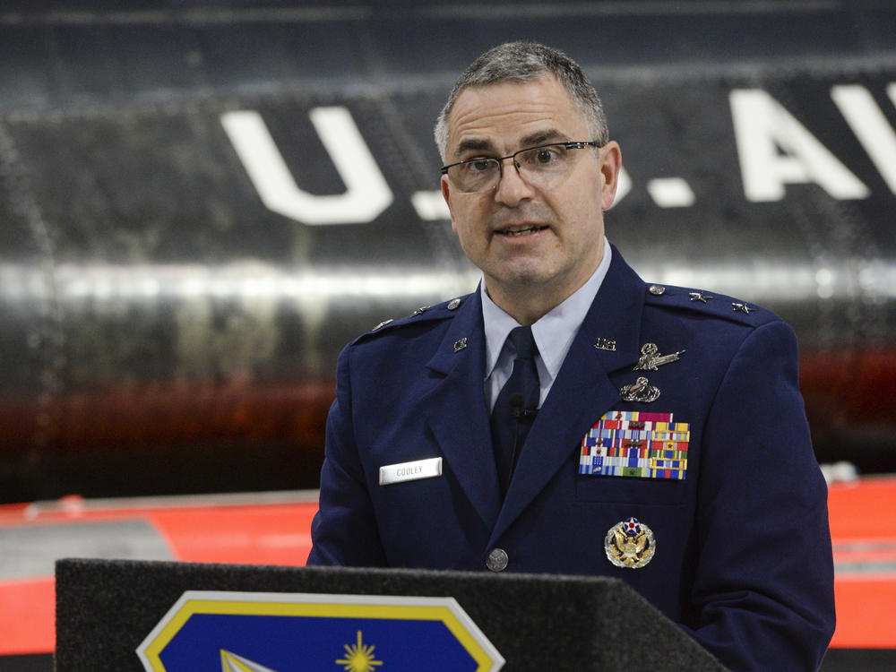 U.S. Air Force Maj. Gen. William T. Cooley speaks during a press conference inside the National Museum of the United States Air Force on Wright-Patterson Air Force Base in 2019.