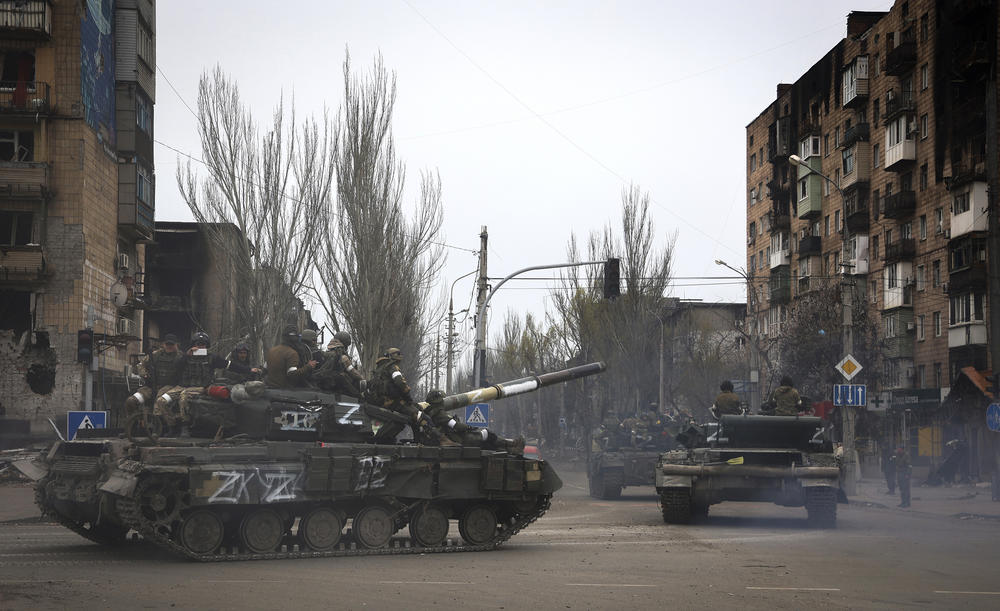 <strong>April 23:</strong> Russian military vehicles move in an area controlled by Russian-backed separatist forces in Mariupol, Ukraine.