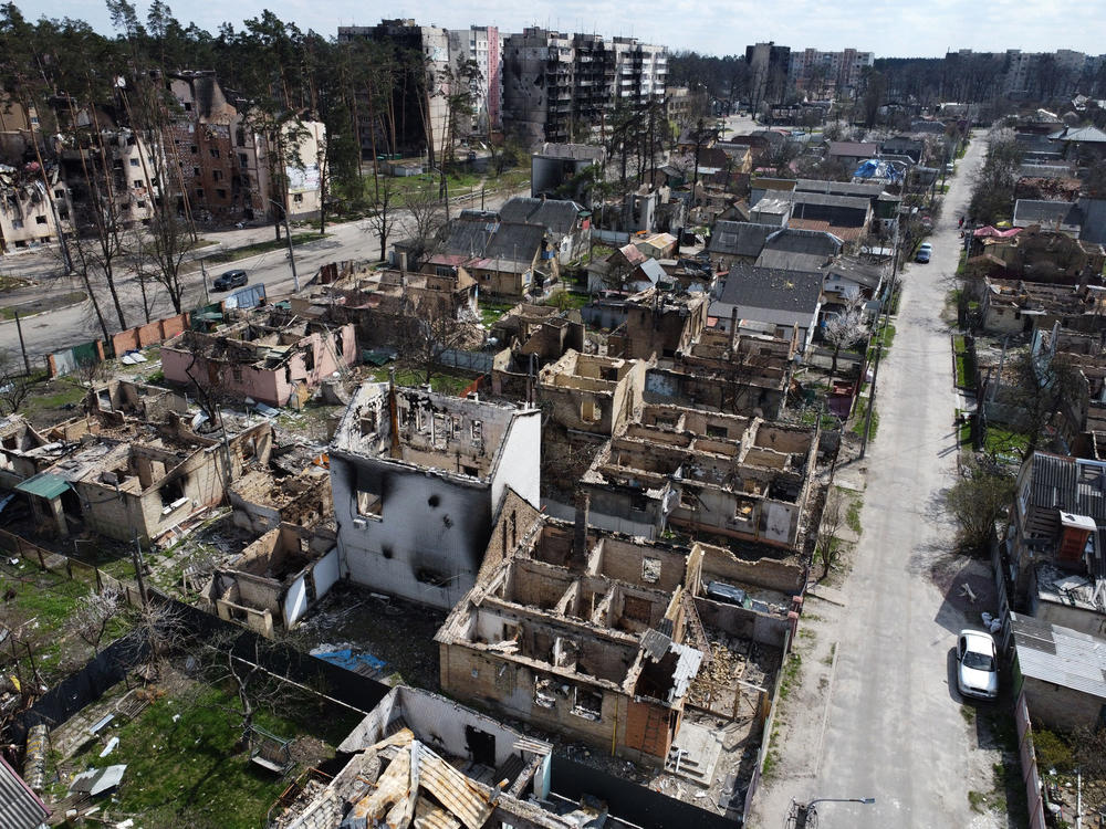 <strong>April 24:</strong> A destroyed residential area in Irpin, northwest of Kyiv, amid the Russian invasion of Ukraine.