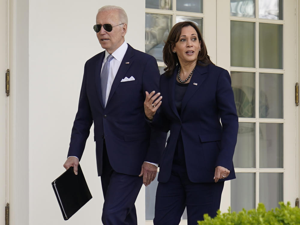 President Joe Biden and Vice President Kamala Harris walk to the Oval Office after an event in the Rose Garden on April 11, 2022.