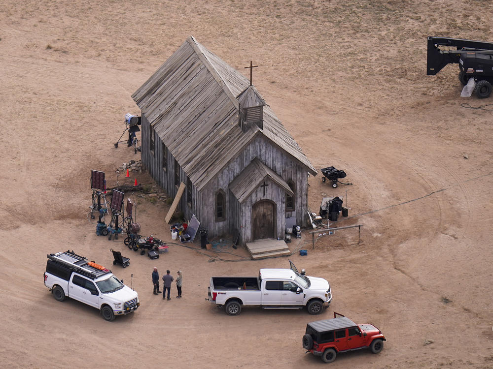 This aerial photo shows the Bonanza Creek Ranch in Santa Fe, N.M., on Oct. 23, 2021, where a cinematographer was fatally shot two days earlier by actor and producer Alec Baldwin on the set of the film <em>Rust.</em>