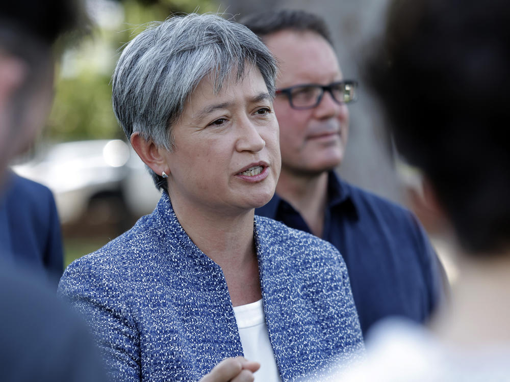 Australian shadow foreign affairs minister Penny Wong speaks to media in Darwin, Australia, Tuesday, April 26, 2022. Australia's opposition party promises to establish a Pacific defense school to train neighboring armies in response to China's potential military presence on the Solomon Islands.