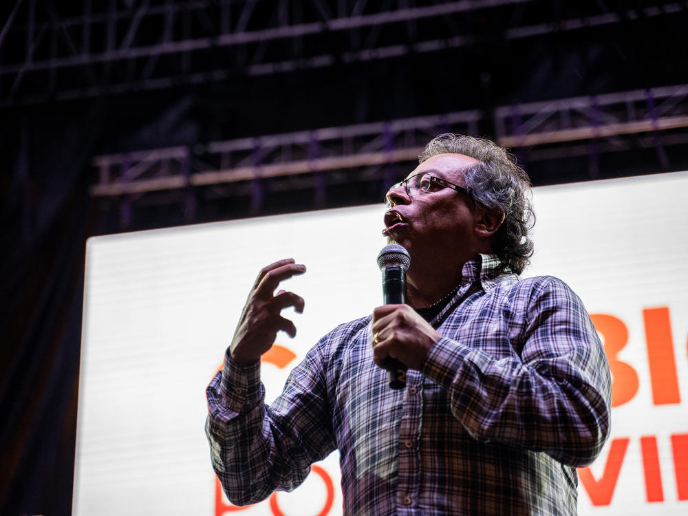 Colombian presidential candidate Gustavo Petro speaks during a campaign rally in Medellín, Colombia, on April 7. Petro is polling first ahead of the May 29 election.