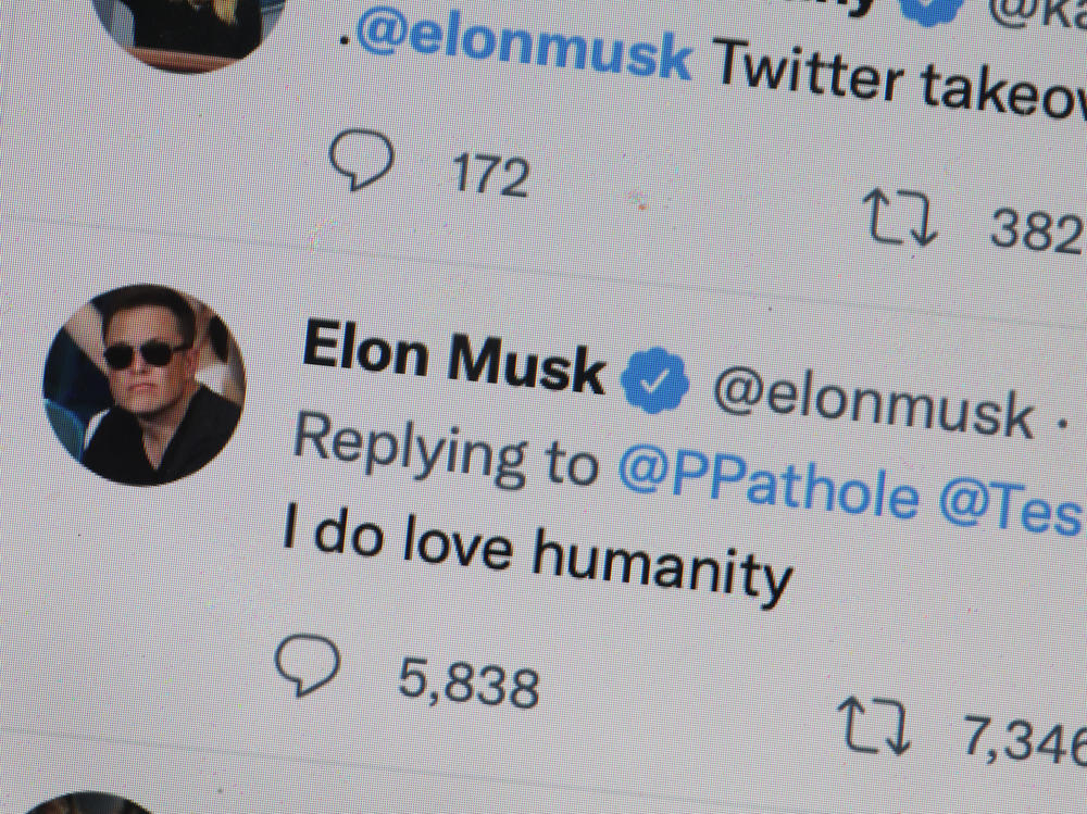 Tweets by Elon Musk are shown on a computer in Chicago, Illinois, in this photo illustration on April 25.