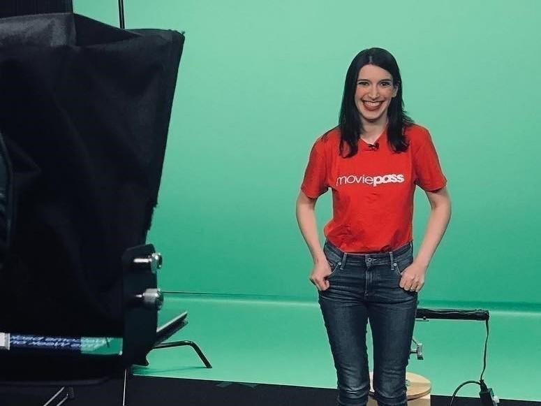 Christina Warren wears a MoviePass T-shirt, a piece of her collection of swag from dead companies.