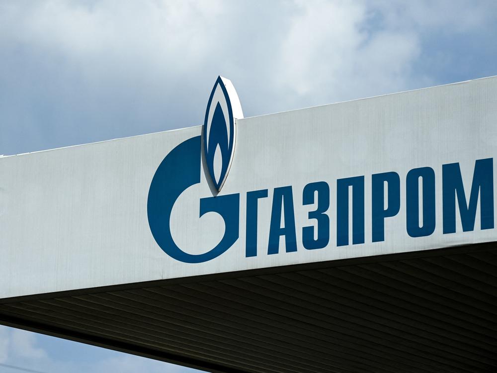 The logo of Russia's energy giant Gazprom is pictured at a gas station in Moscow.