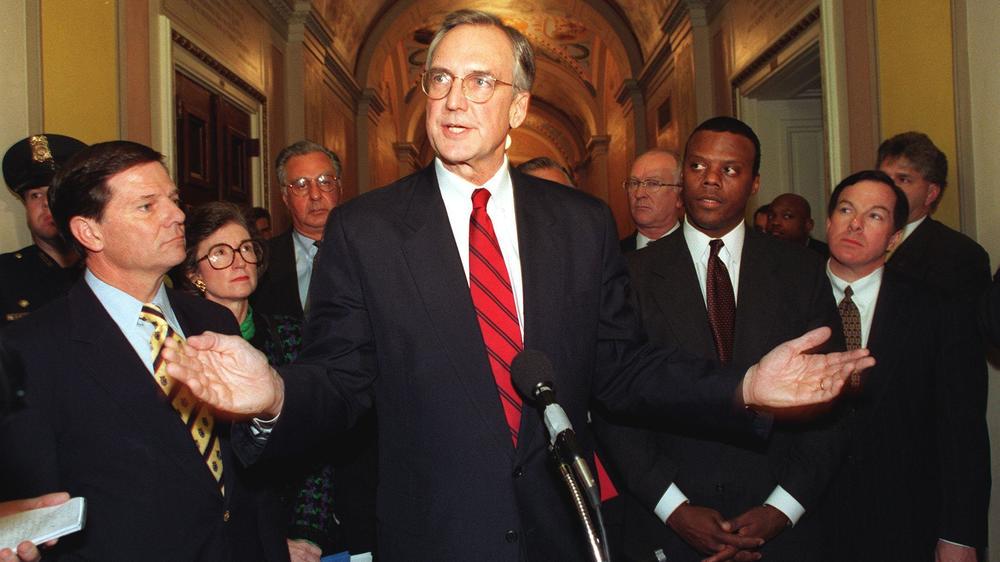 Then-incoming House Speaker Robert Livingston speaks after a meeting of the House GOP leadership on hearings on the impeachment of President Bill Clinton in 1998. With Livingston are Rep. Tom DeLay, Rep. Dick Armey, Rep. J.C. Watts and Michael Forbes.
