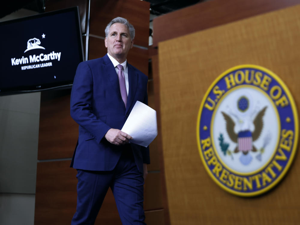 Republicans are favored to take back the House in November's midterm elections, according to a new NPR/<em>PBS NewsHour</em>/Marist poll. Here, House Minority Leader Kevin McCarthy, R-Calif., arrives for a news conference at the U.S. Capitol on March 18.