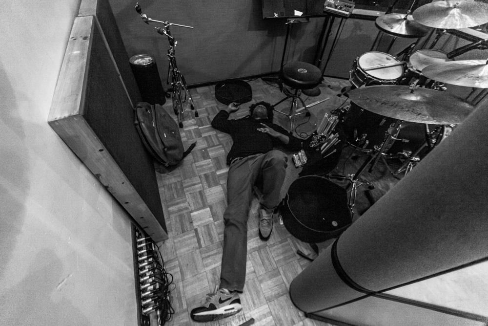 Justin Brown, drums, rests and recharges at Systems Two Recording studio, Brooklyn, NY, 2014.