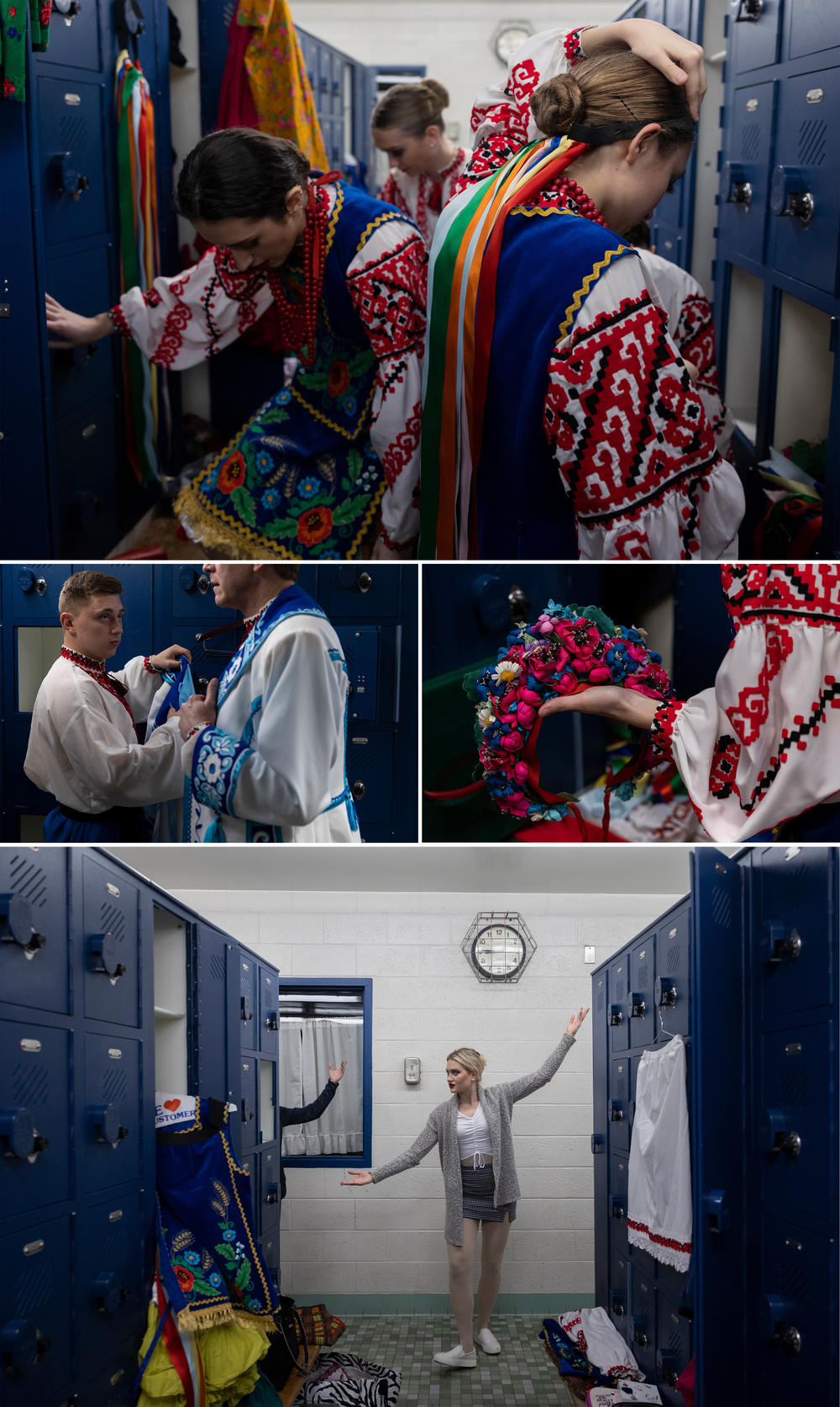 Members of the Voloshky dance ensemble get dressed and practice thier routine at the locker room at Penn High School.