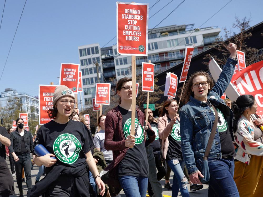 Protesters march in Seattle during the 