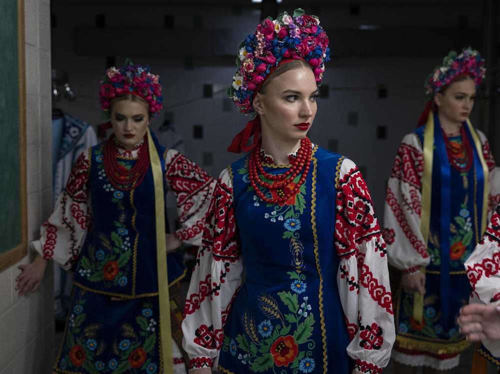 Dariya Medynska gathers with other members of the Voloshky Ukrainian dance ensemble before the International Spring Festival at North Penn High School in Lansdale, Pennsylvania.