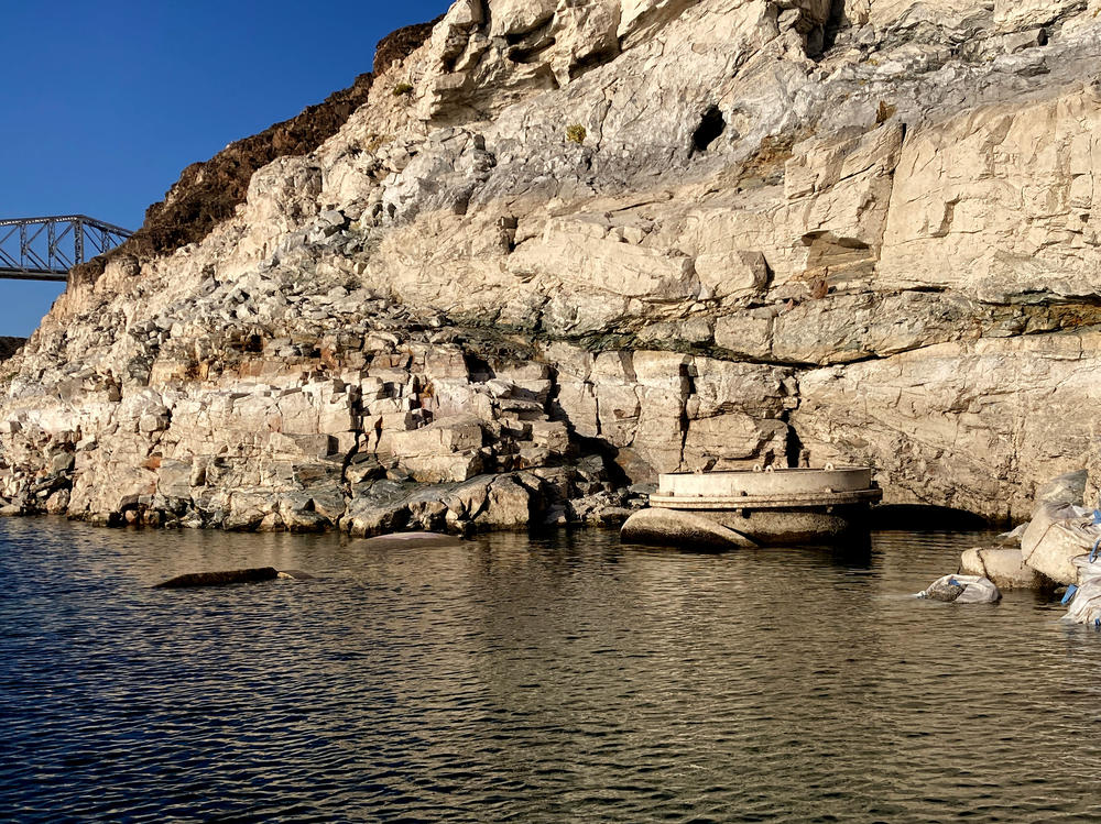This photo taken on April 25 shows the top of Lake Mead drinking water Intake No. 1 above the surface level of the Colorado River reservoir behind Hoover Dam. The intake is the uppermost of three in the deep, drought-stricken lake that provides Las Vegas with 90% of its drinking water supply.