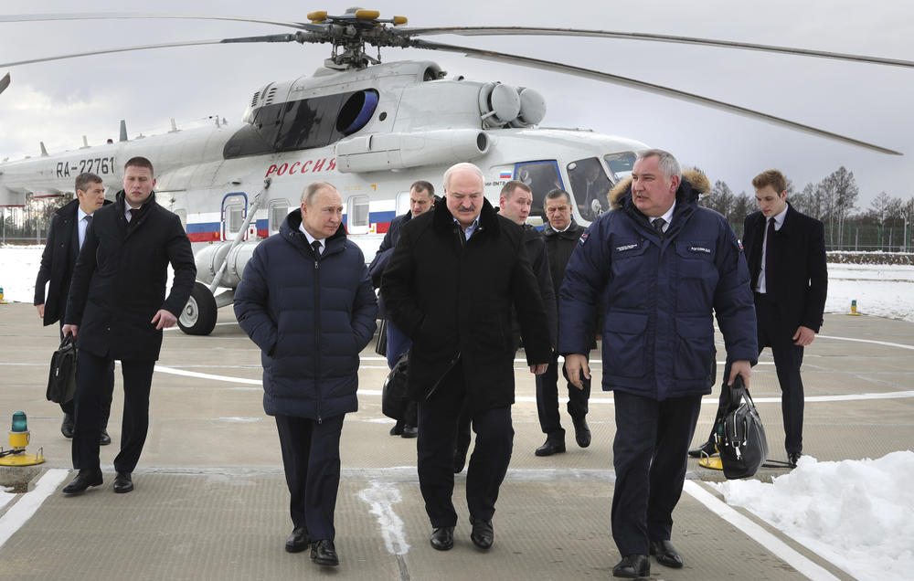 Russian President Vladimir Putin (center left) and Belarusian President Alexander Lukashenko (center right) arrive at Russia's Vostochny Cosmodrome in Russia's Far East on April 12. Among the leaders of the former Soviet republics, Lukashenko has been the staunchest supporter of Putin and Russia's war in Ukraine.