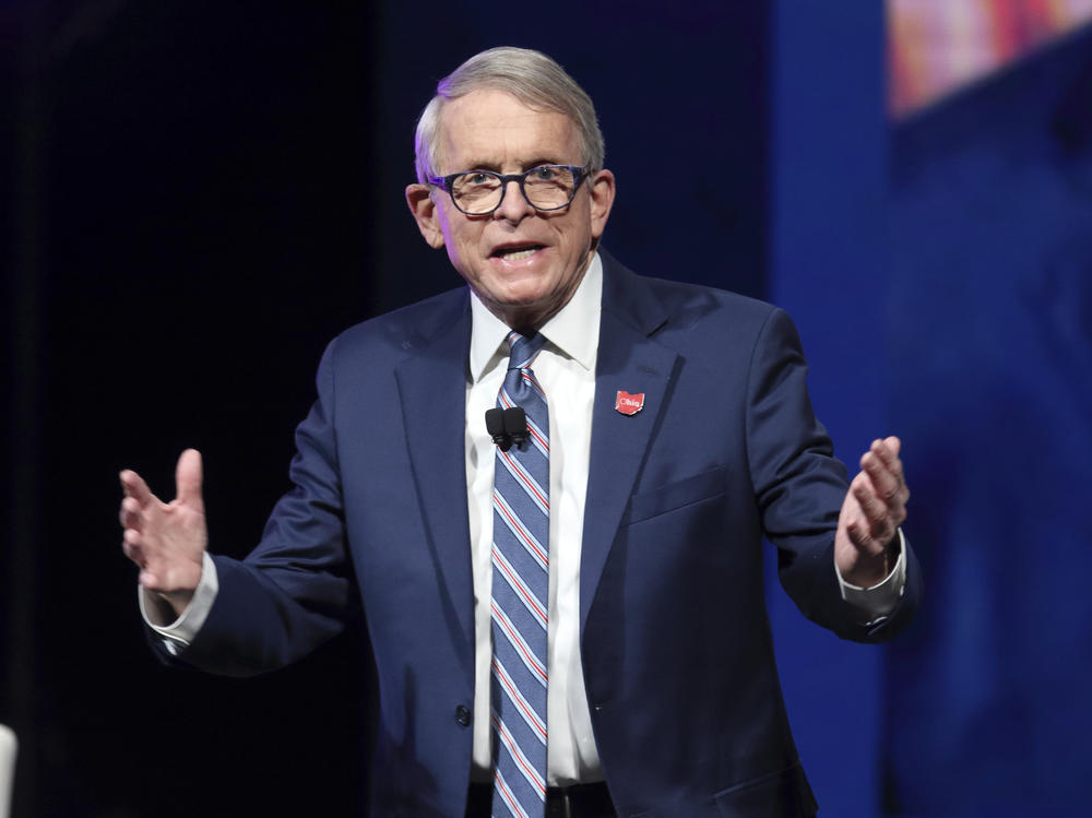 Ohio Gov. Mike DeWine speaks Jan. 21, 2022 in Newark, Ohio.