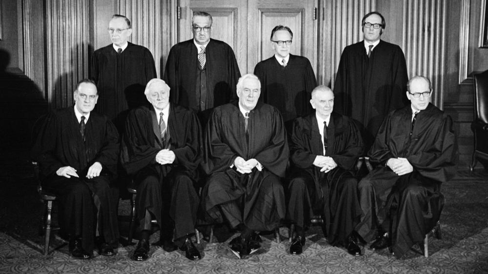 Members of the Supreme Court in 1972. Seated from left are Potter Stewart, William O. Douglas, Chief Justice Warren E. Burger,  William J. Brennan Jr. and Byron R. White. Standing, from left, Lewis F. Powell Jr., Thurgood Marshall, Harry A. Blackman, and William H. Rehnquist.