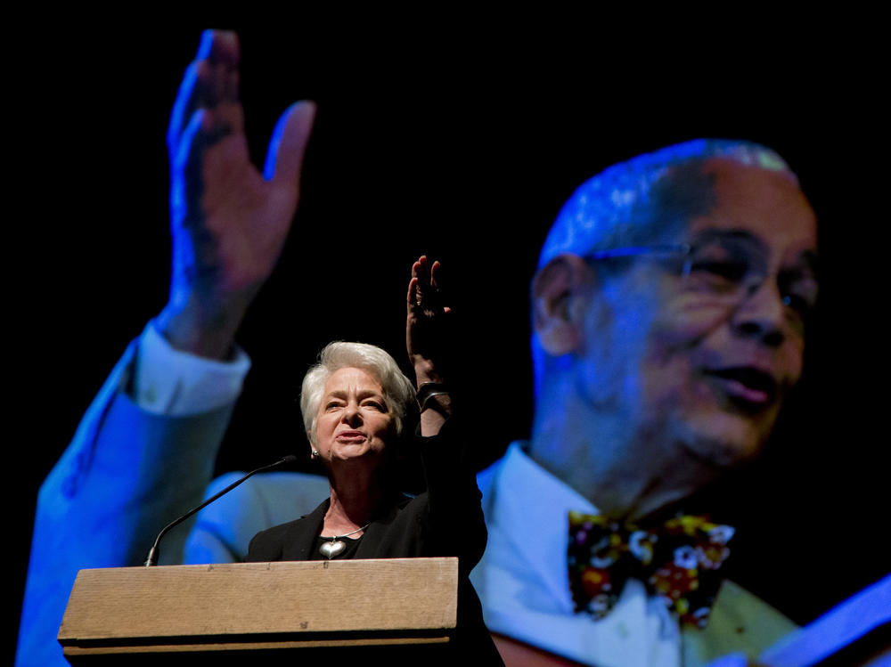 Activist Heather Booth and the Jane Collective, an underground abortion service, provided thousands of women with abortions before <em>Roe v. Wade</em>. Here, she speaks in 2015 during the memorial service for civil rights leader Julian Bond.