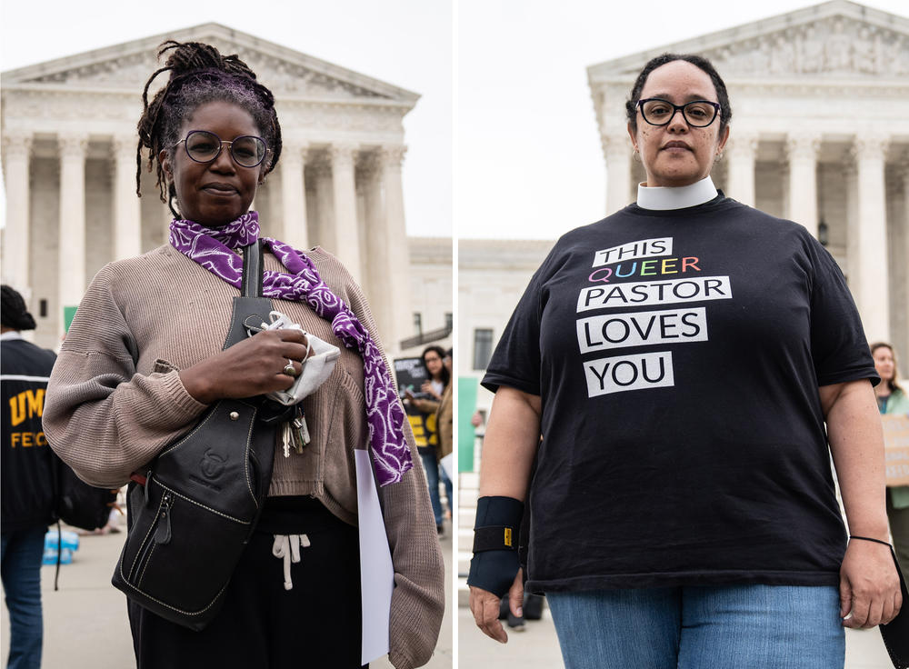 Abortion-rights supporter Dunia Sinnreich (right) and the Rev. Dr. Sofia Betancourt stand outside the U.S. Supreme Court on Tuesday.