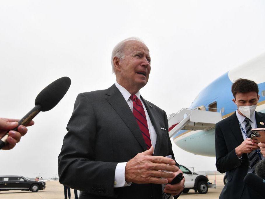 President Biden speaks to members of the press Tuesday prior to boarding Air Force One at Joint Base Andrews in Maryland.