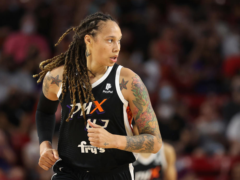 Phoenix Mercury center Brittney Griner plays during game three of the 2021 WNBA semifinals at Desert Financial Arena in Tempe, Ariz., on Oct. 3, 2021.