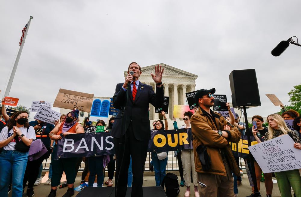 Sen. Richard Blumenthal, D-Conn., voices his support for abortion and trans rights outside the U.S. Supreme Court on Tuesday.