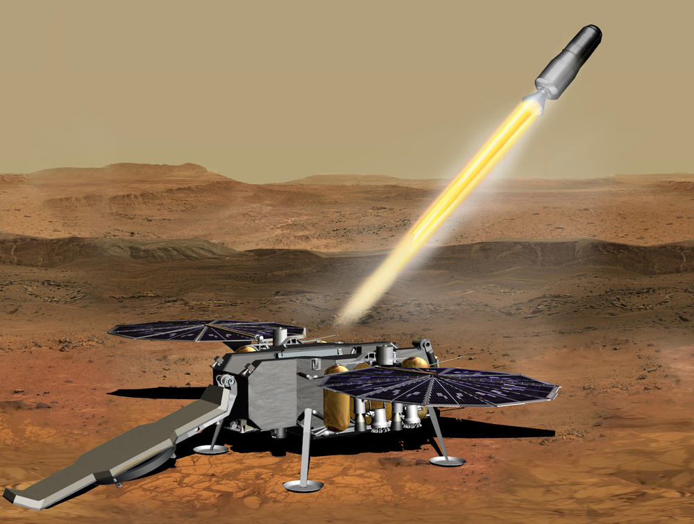 This conceptual illustration shows a container carrying rock samples blasting off the surface of Mars.