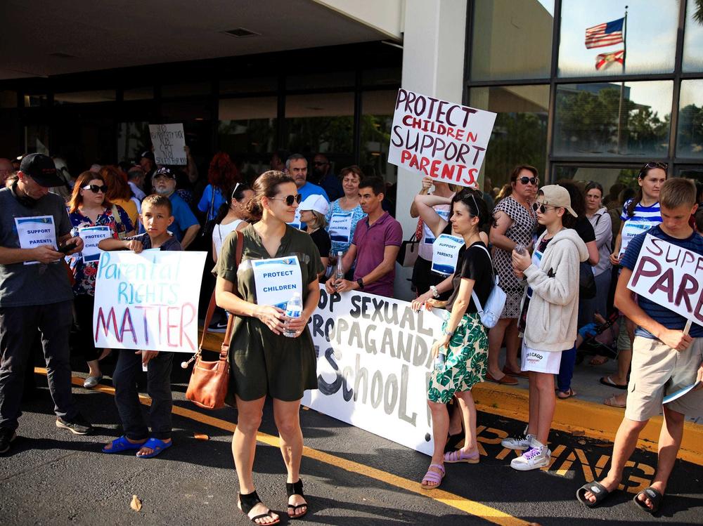 Supporters of Florida's recently signed Parental Rights in Education law demonstrate at the Duval County Public Schools building in Jacksonville, Fla., on May 3.