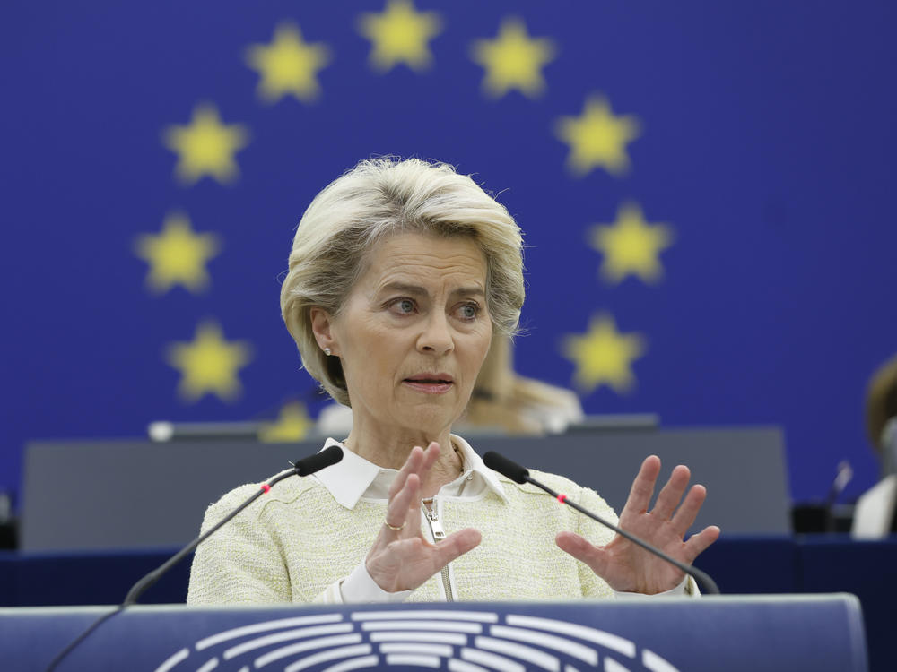 European Commission President Ursula von der Leyen delivers her speech during a debate on the social and economic consequences for the EU of the Russian war in Ukraine, Wednesday, May 4, 2022 at the European Parliament in Strasbourg, France.