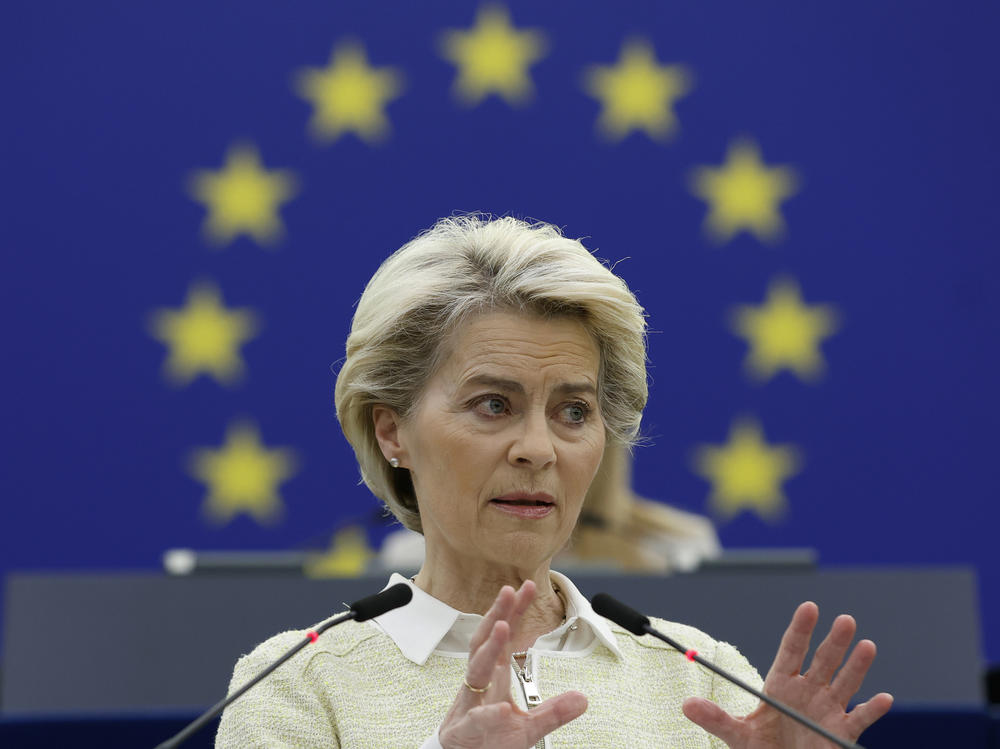 European Commission President Ursula von der Leyen speaks Wednesday at the European Parliament in Strasbourg, France.