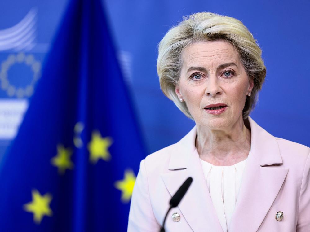 European Commission President Ursula von der Leyen making a statement in Brussels on April 27 following the decision by Russian energy giant Gazprom to halt gas shipments to Poland and Bulgaria.