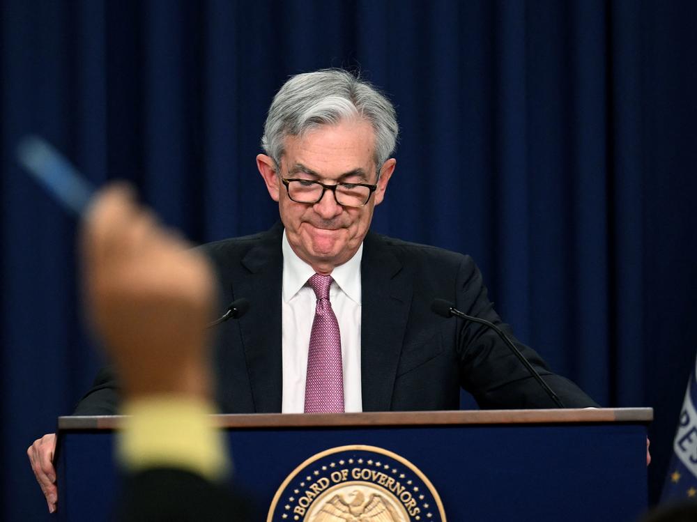 Fed Chair Jerome Powell takes questions during a news conference in Washington, D.C, on Wednesday. The Fed earlier raised interest rates by half a percentage point, its biggest hike in more than two decades.