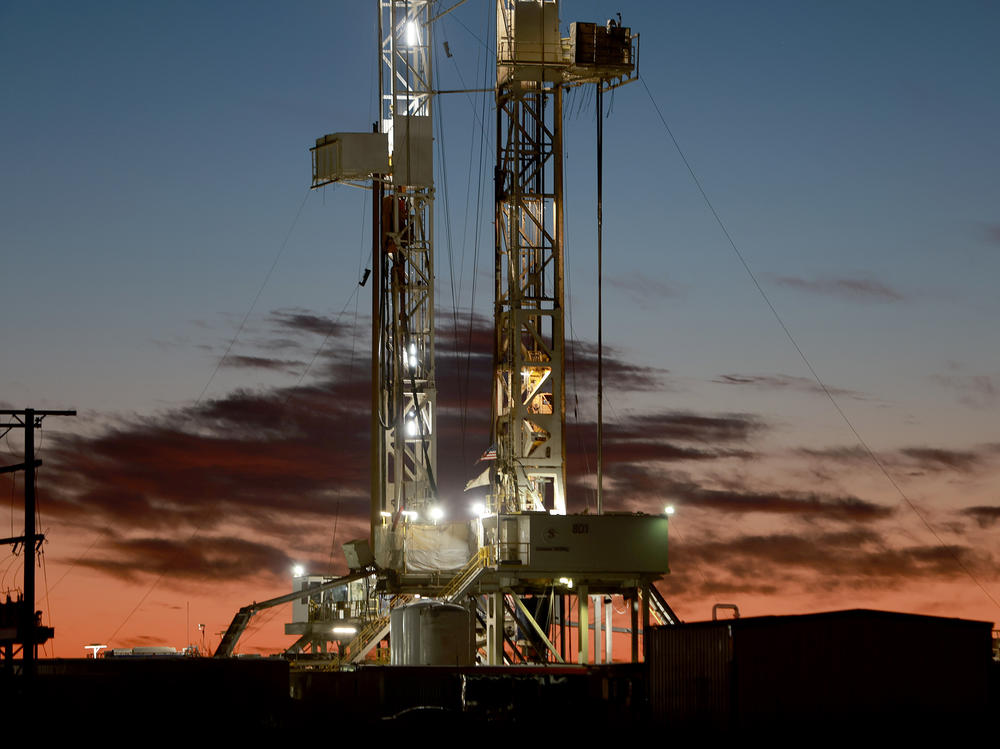 An oil drilling rig setup in the Permian Basin oil field in Midland, Texas, is pictured on March 13.
