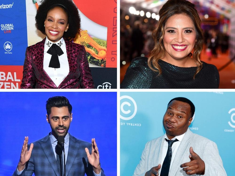 Clockwise from top left: Amber Ruffin, Cristela Alonzo, Trevor Noah, Ali Wong, Roy Wood Jr. and Hasan Minhaj could be successors to James Corden on <em>The Late Late Show.</em>