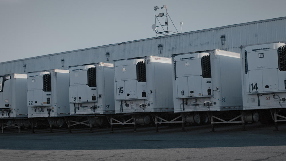 Refrigerated trucks at the morgue in Sunset Park, Brooklyn.