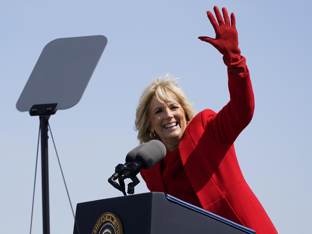 First lady Jill Biden waves during a commissioning ceremony for a submarine at the Port of Wilmington in Wilmington, Del. on Apr. 2, 2022.