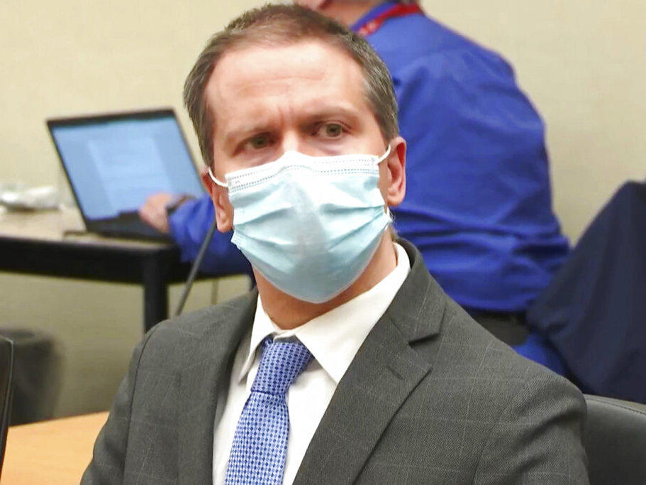 Former Minneapolis police officer Derek Chauvin at his trial for the 2020 death of George Floyd at the Hennepin County Courthouse in Minneapolis, April 20, 2021.