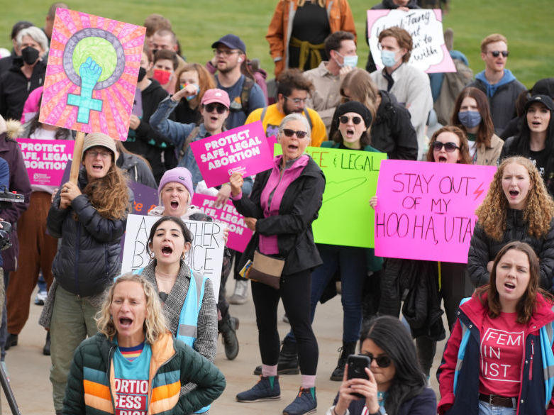 People gather Tuesday at the Utah State Capitol to rally in support of abortion rights in Salt Lake City.