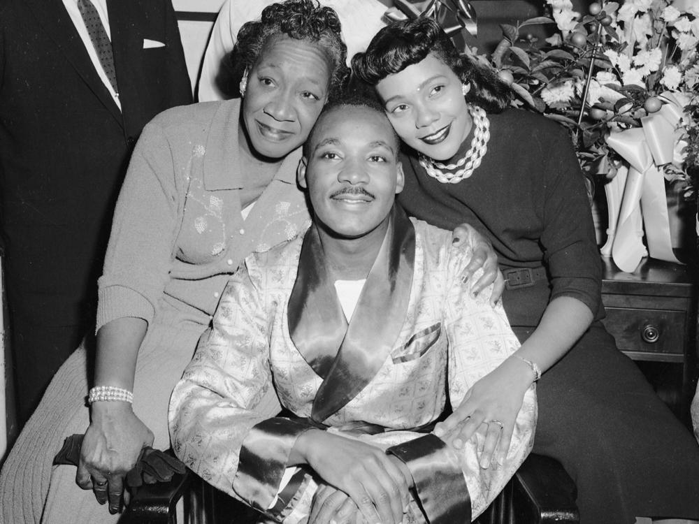 Alberta Williams King (left) with her son, Dr. Martin Luther King Jr. and daughter-in-law, Coretta Scott King on September 30, 1958.